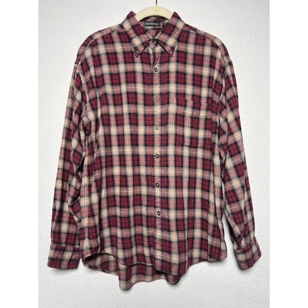 Van‎ Heusen Brushed Twill Plaid Shirt M Maroon Men Gorpcore Button Down Pocket